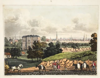 Die Stadt Brüssel, vom Eingang des Foret de Soigne, mit der Barriere, veröffentlicht von H. Colburn, 1816